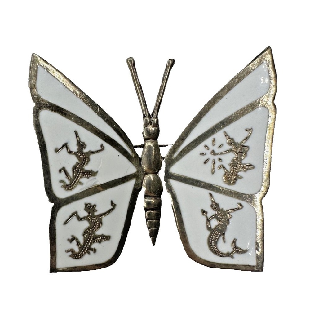Siam Sterling Silver Butterfly Brooch Shite Goddess Pin White 925 Signed VTG